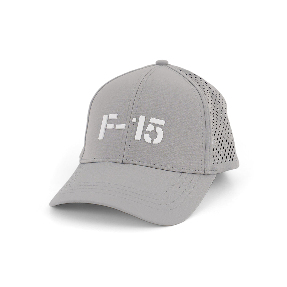 The BOEING F-15 Eagle Series Hat is gray with a white F-15 logo on the front and perforated back panels for ventilation. Displayed on a white background.