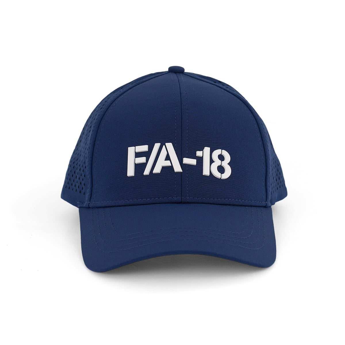 The Boeing F/A-18 Super Hornet Series Hat by BOEING features a bold 3D F/A-18 logo on the navy blue front panel, side ventilation holes, and an adjustable Velcro closure for a secure fit.