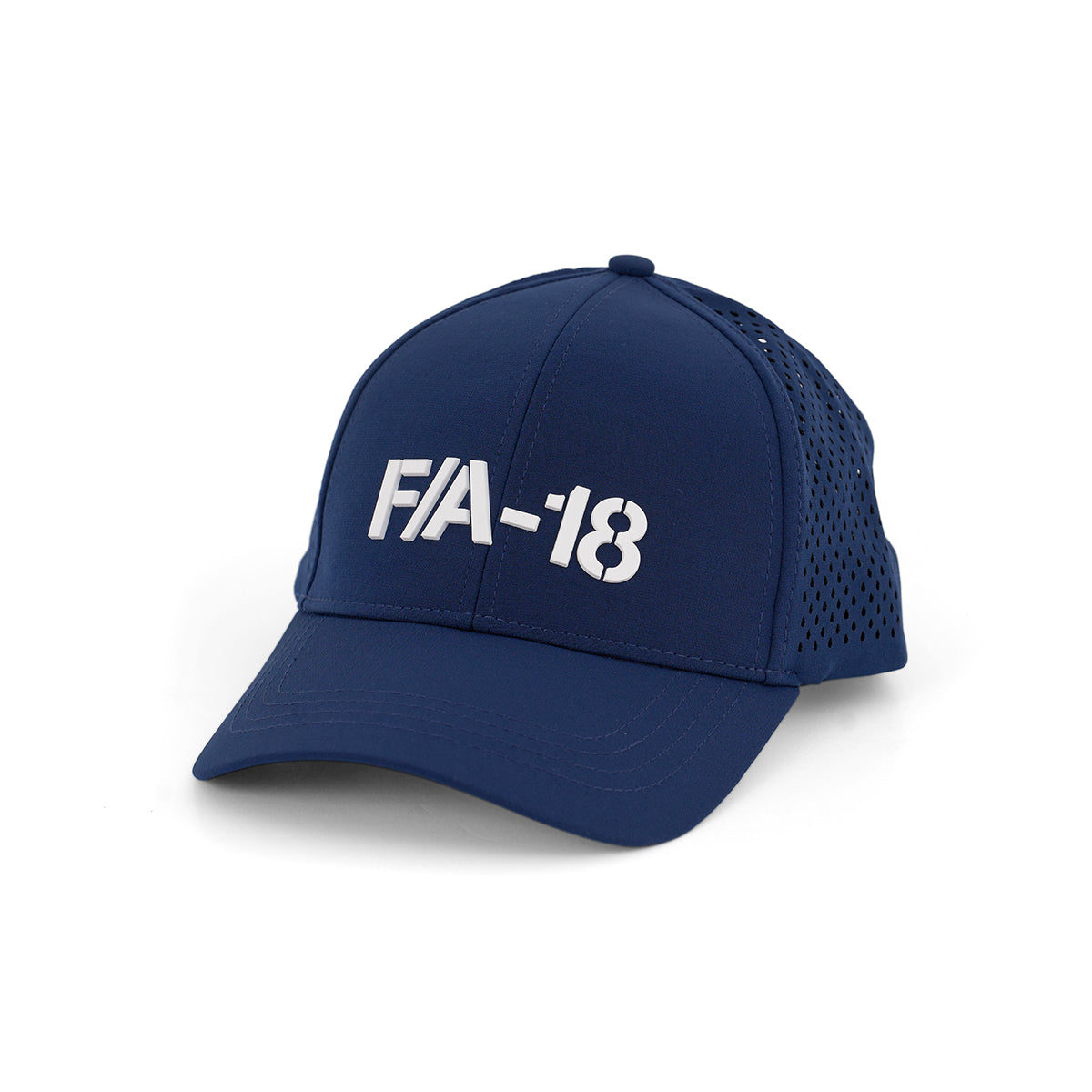 The BOEING F/A-18 Super Hornet Series Hat is navy blue with white FA-18 text on the front, a mesh back panel, and an adjustable Velcro closure for comfort.