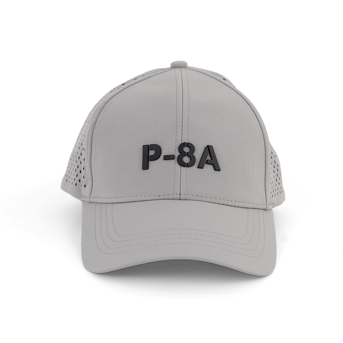 The BOEING P-8A Poseidon Series Hat is a light gray cap featuring a 3D P-8A logo on the front, perforated side panels for breathability, and visible stitching along the brim and crown.