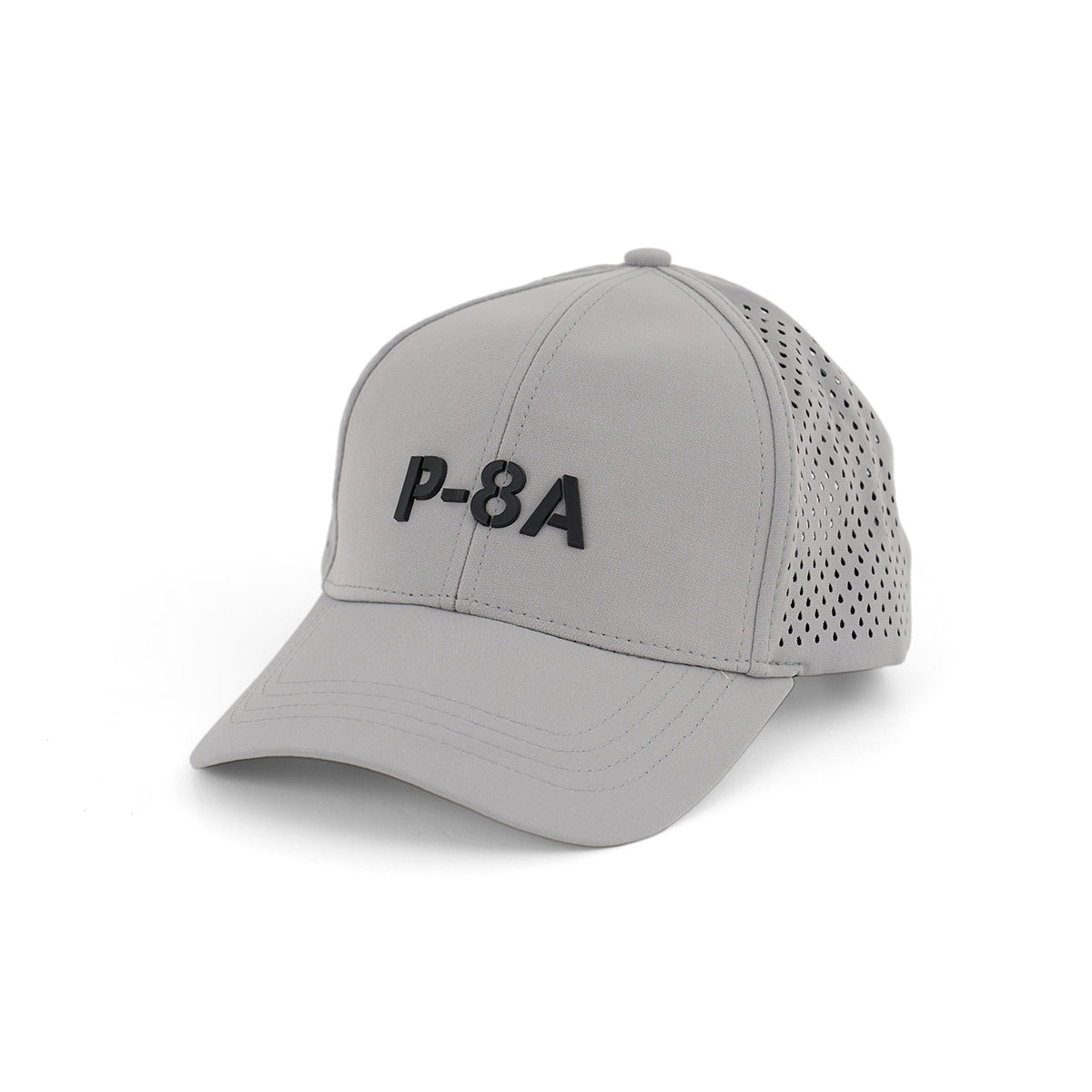 The Boeing P-8A Poseidon Series Hat by BOEING features a light gray design with a 3D raised black P-8A logo on the front and small perforations on the side panels for added breathability.