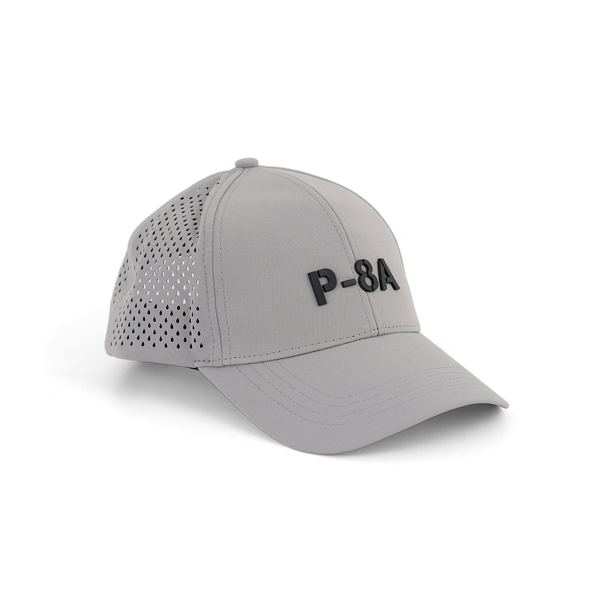 The BOEING P-8A Poseidon Series Hat is light gray with a 3D black P-8A logo on the front and features side ventilation holes for breathability.