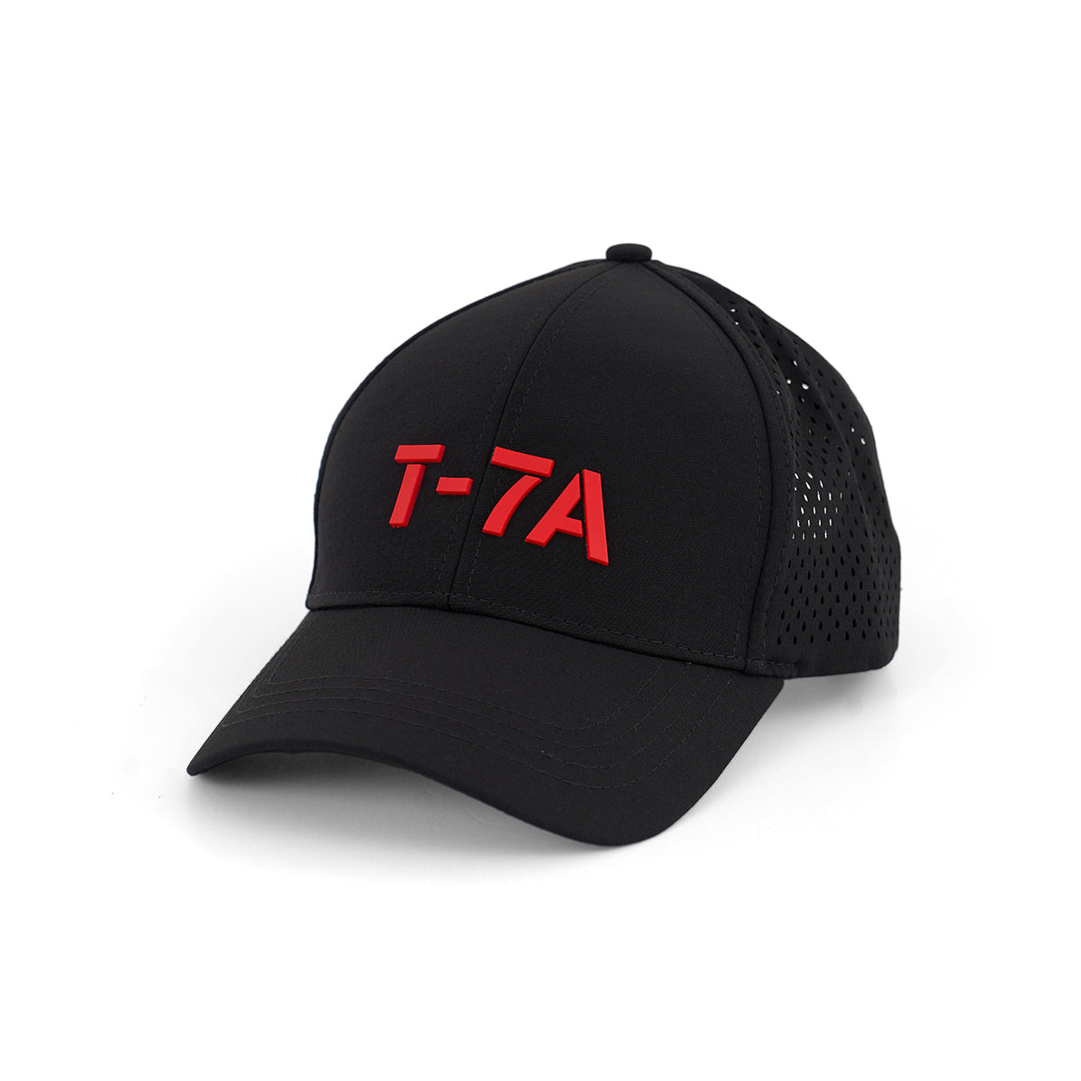 The BOEING T-7A Red Hawk Series Hat is a black cap with a bold 3D T-7A logo on the front and black mesh panels at the sides and back for breathability.