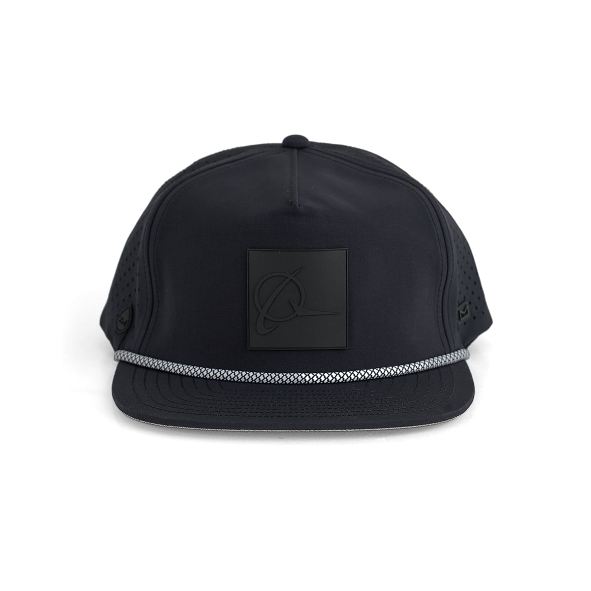 The Melin Boeing Symbol Logo Coronado Hat by BOEING is a black snapback with a flat brim, reflective strip, perforated sides, and a square patch with the stylized Boeing logo. Its moisture-wicking design keeps you comfortable all day.