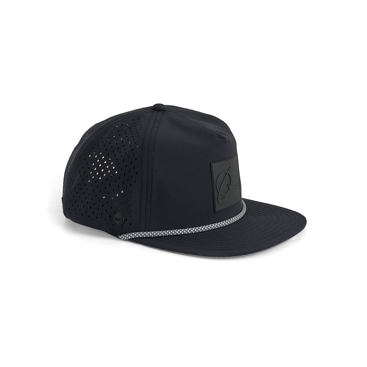 The Melin Boeing Symbol Logo Coronado Hat by BOEING features a black flat brim, perforated side panels for ventilation, a black patch logo on the front, and a white and black patterned strip along the base of this moisture-wicking snapback.