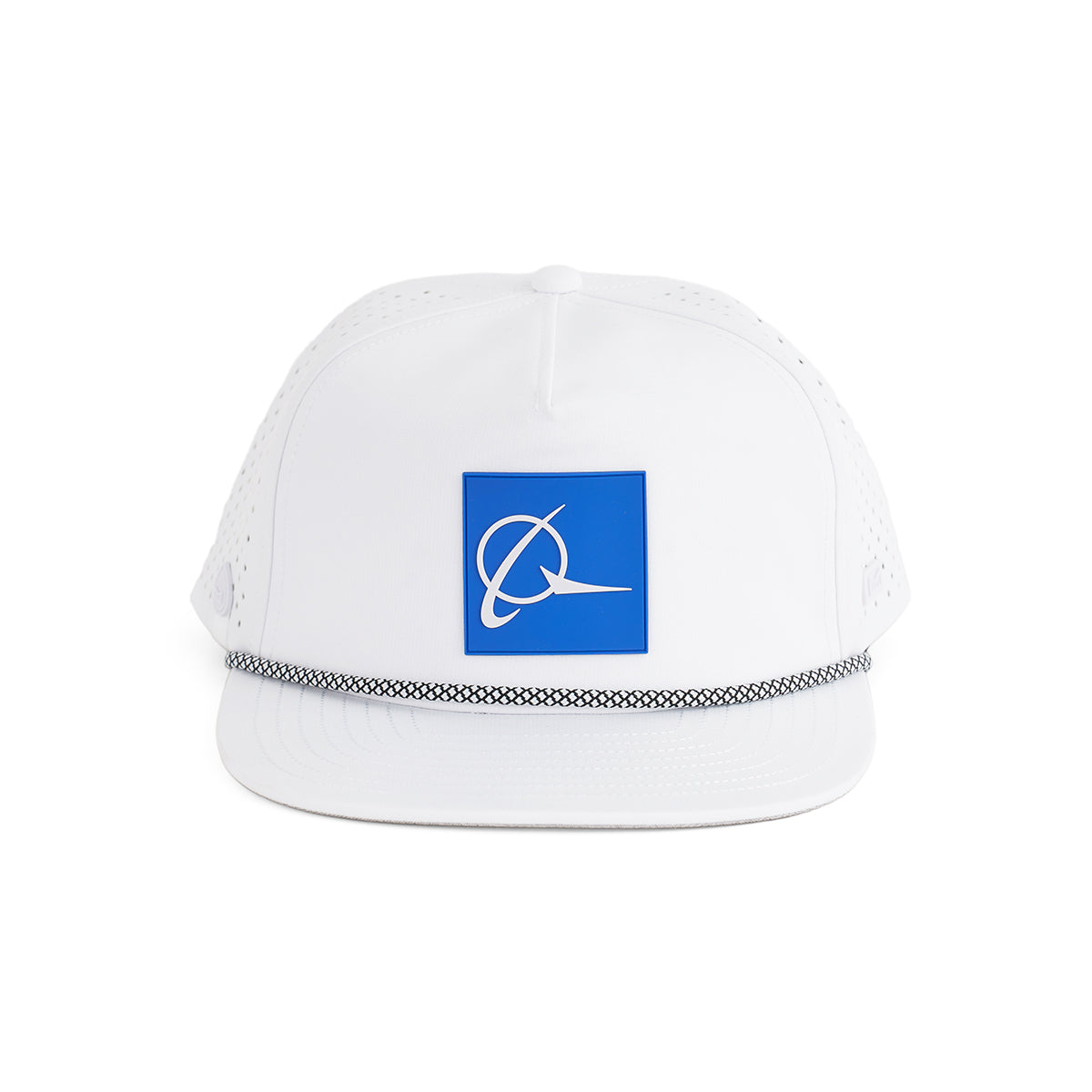 The Melin Boeing Symbol Logo Coronado Hat is a white moisture-wicking snapback with a blue front patch featuring an abstract white logo and a black-and-white patterned band above the brim.