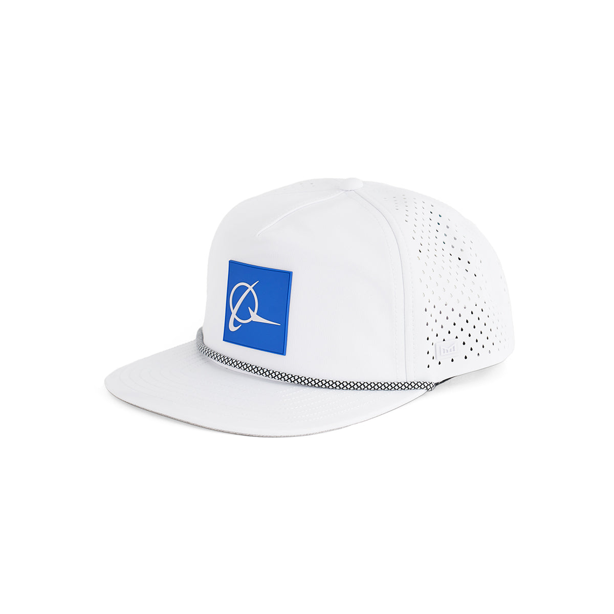 The Melin Boeing Symbol Logo Coronado Hat by BOEING features a white design with perforated sides, a black-and-white rope detail, and a blue square patch with the Boeing logo. Its moisture-wicking fabric offers stylish comfort.