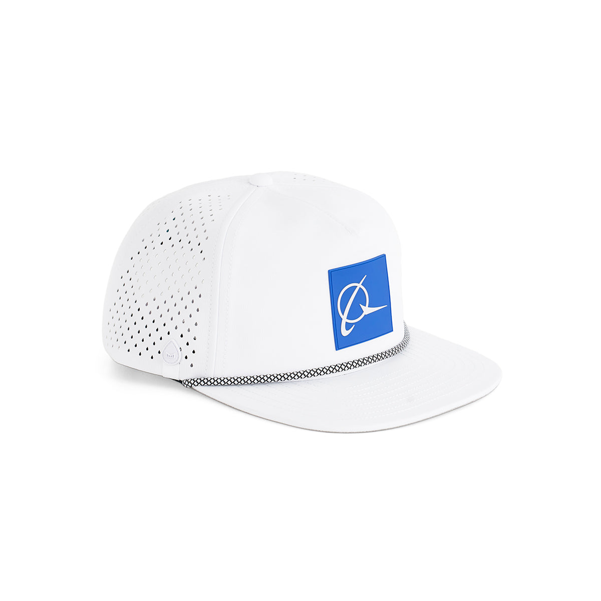 The Melin Boeing Symbol Logo Coronado Hat by BOEING is a white, moisture-wicking cap with perforated side panels, a black-and-white rope above the brim, and a blue square logo with a white airplane on the front for style and comfort.
