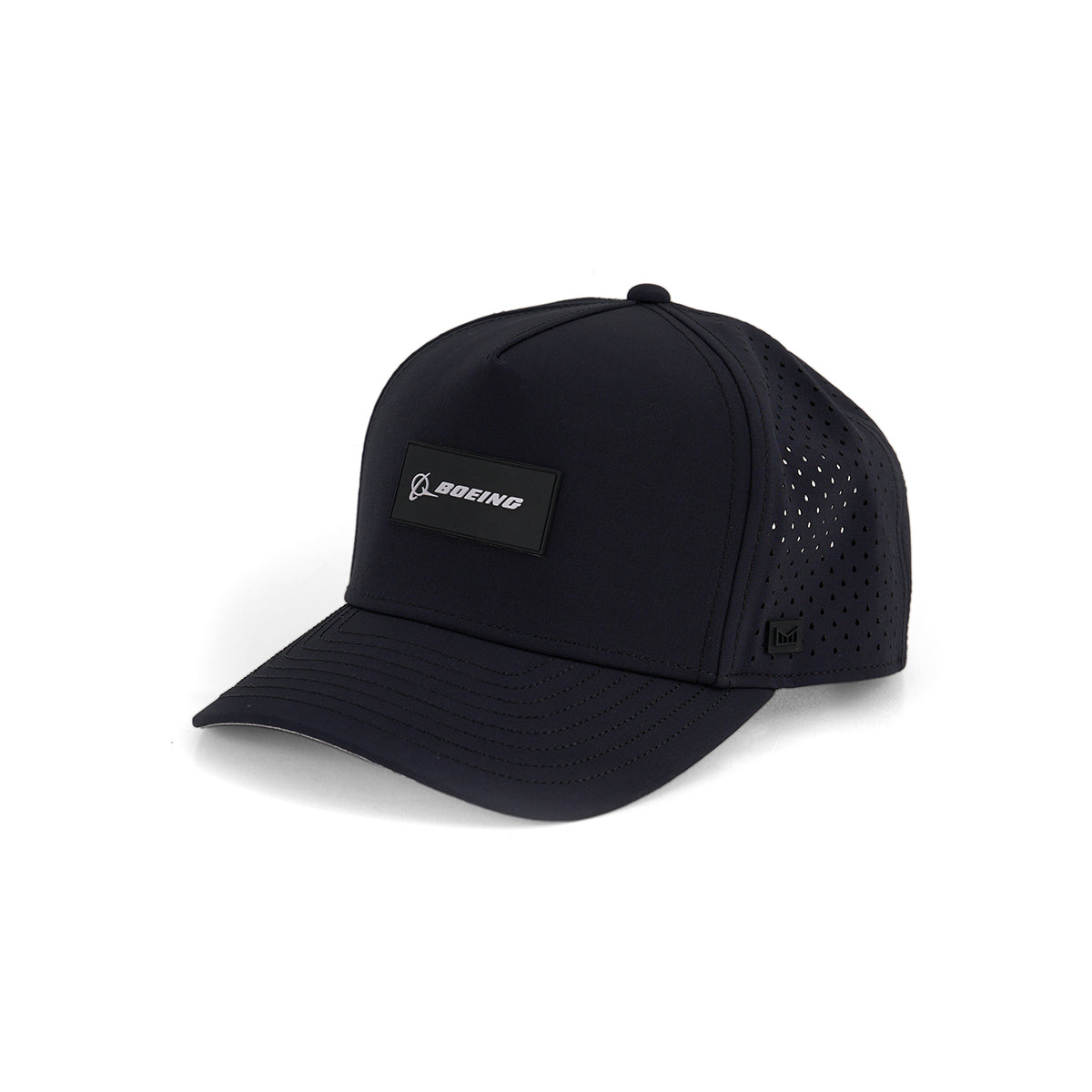 The Melin Boeing Signature Logo Odessey Hydro Hat from The Boeing Store features a black design, curved brim, mesh sides, and a white rectangular Boeing logo patch. Its water-repellent build keeps you dry and comfortable in any weather.