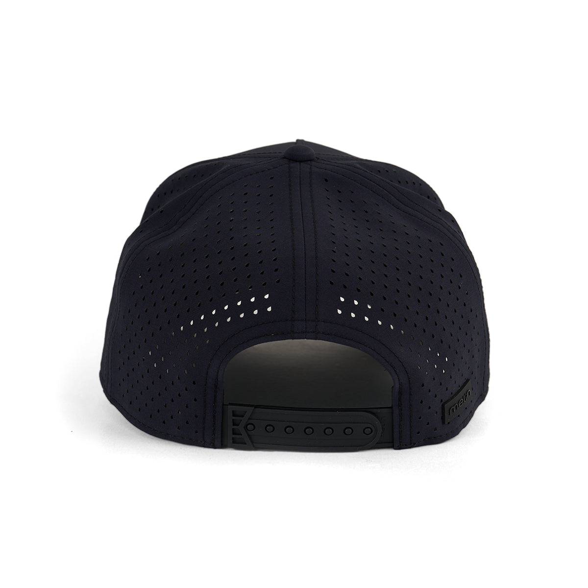 The Melin Boeing Signature Logo Odessey Hydro Hat from The Boeing Store is black, water-repellent, and shown from the back with an adjustable snapback closure and small ventilation holes.