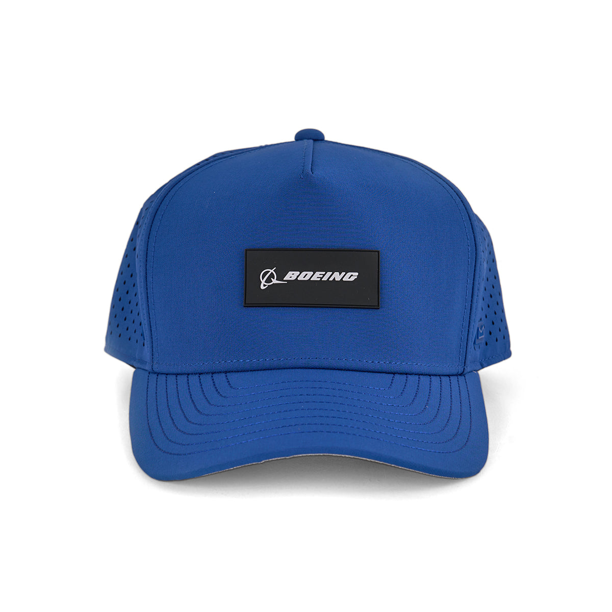The Melin Boeing Signature Logo Odyssey Hydro Hat from The Boeing Store is blue, water-repellent, features perforated side panels, and has a rectangular black patch with the Boeing logo in white on the front.