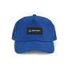 The Melin Boeing Signature Logo Odyssey Hydro Hat from The Boeing Store is blue, water-repellent, features perforated side panels, and has a rectangular black patch with the Boeing logo in white on the front.
