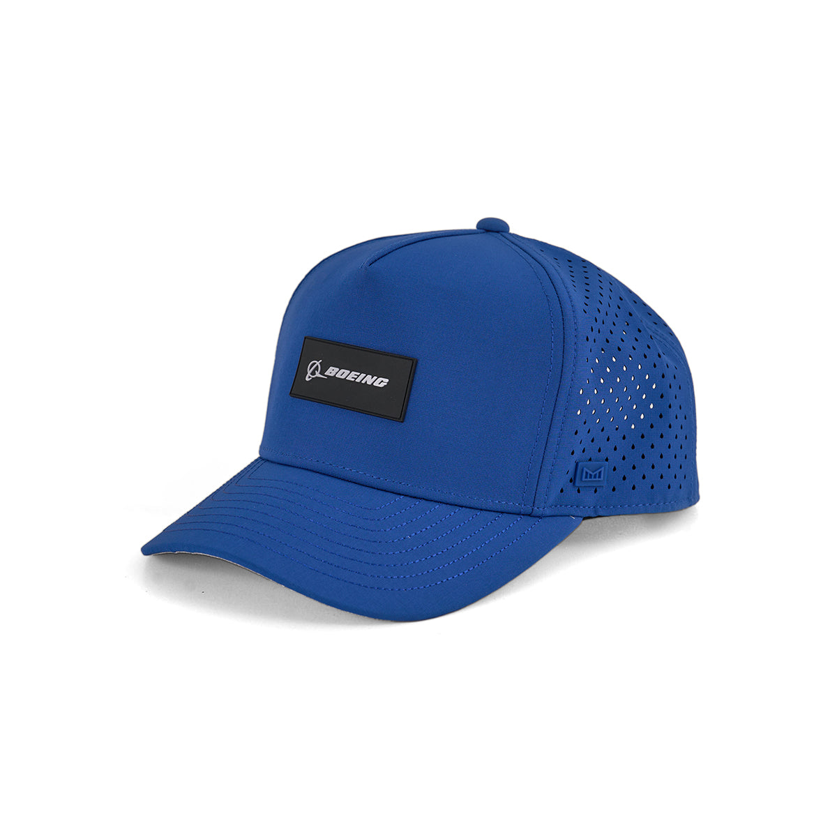 The Melin Boeing Signature Logo Odessey Hydro Hat from The Boeing Store is blue, water-repellent, and features a curved brim, mesh side panels, and a black rectangular front patch with the white Boeing logo.