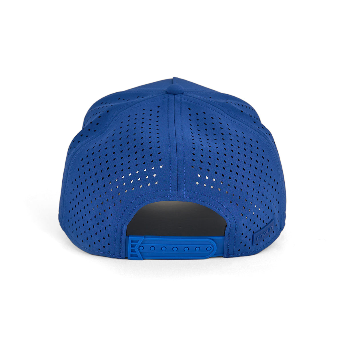 The Melin Boeing Signature Logo Odessey Hydro Hat from The Boeing Store is a blue cap with perforated, breathable fabric, an adjustable snapback closure, and water-repellent construction for added protection, shown from the back.