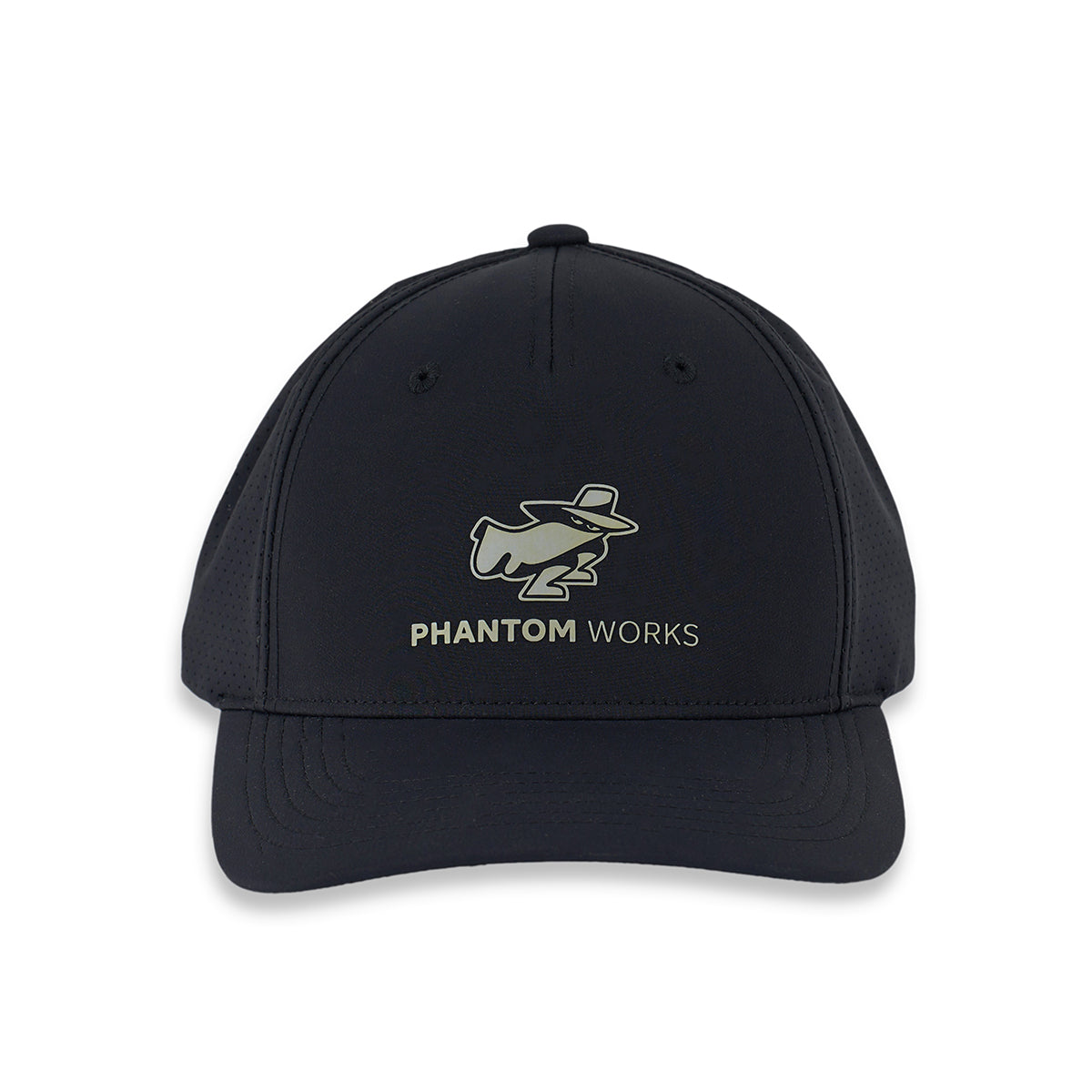 The Boeing Phantom Works 2025 Hat by BOEING is a black cap featuring a stylized spy figure and "PHANTOM WORKS" embroidered in gray and white, celebrating aerospace innovation.