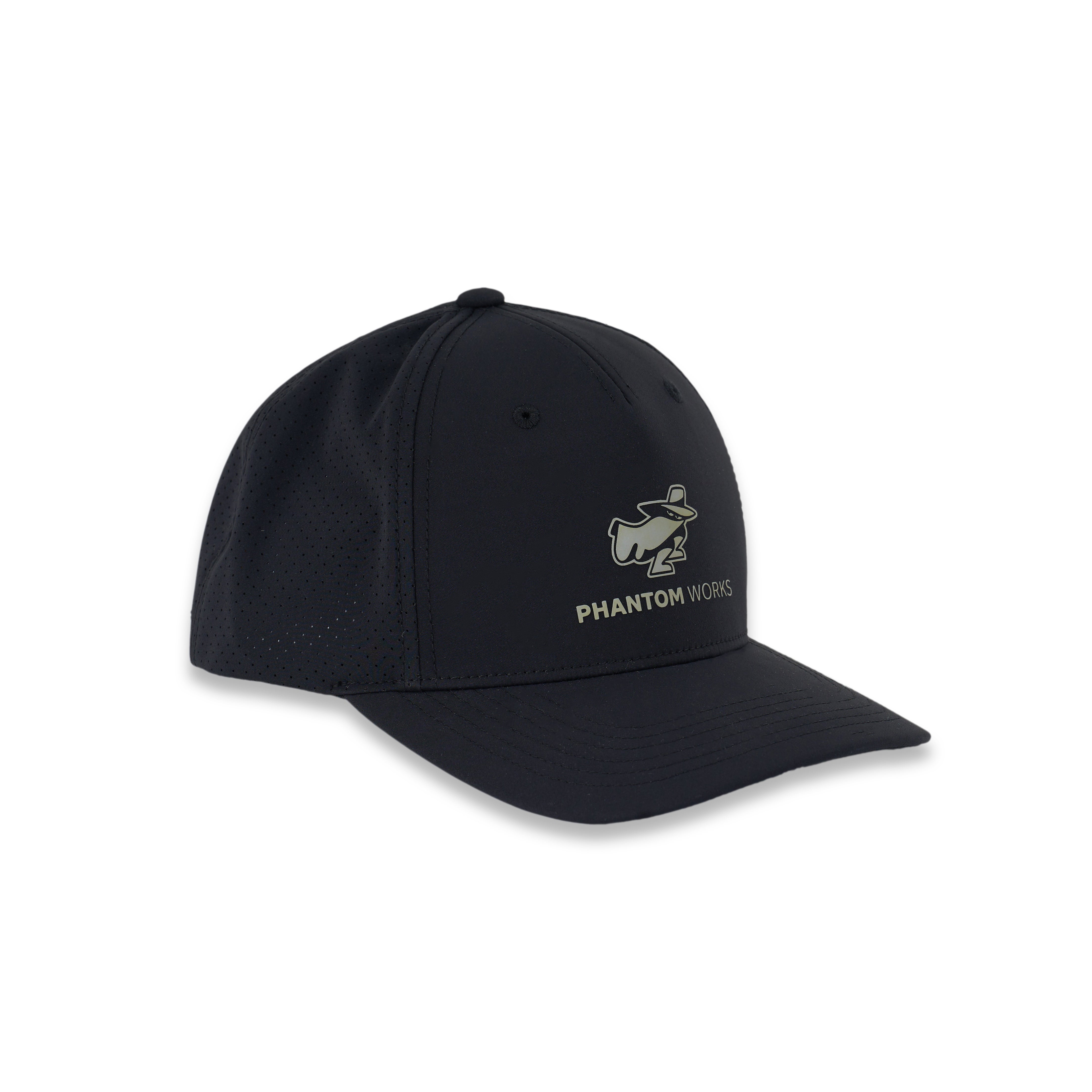 The Boeing Phantom Works 2025 Hat by BOEING is a black cap with a curved brim, showcasing an embroidered stylized aircraft and the PHANTOM WORKS logo on the front, celebrating Boeing’s legacy in aerospace innovation.