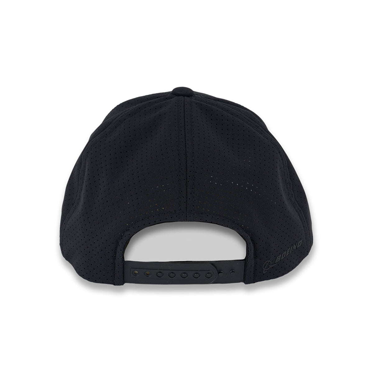 Back view of the Boeing Phantom Works 2025 Hat by BOEING, featuring black perforated fabric and an adjustable snapback. "Boeing" is printed in small letters on the lower right, inspired by aerospace innovation.