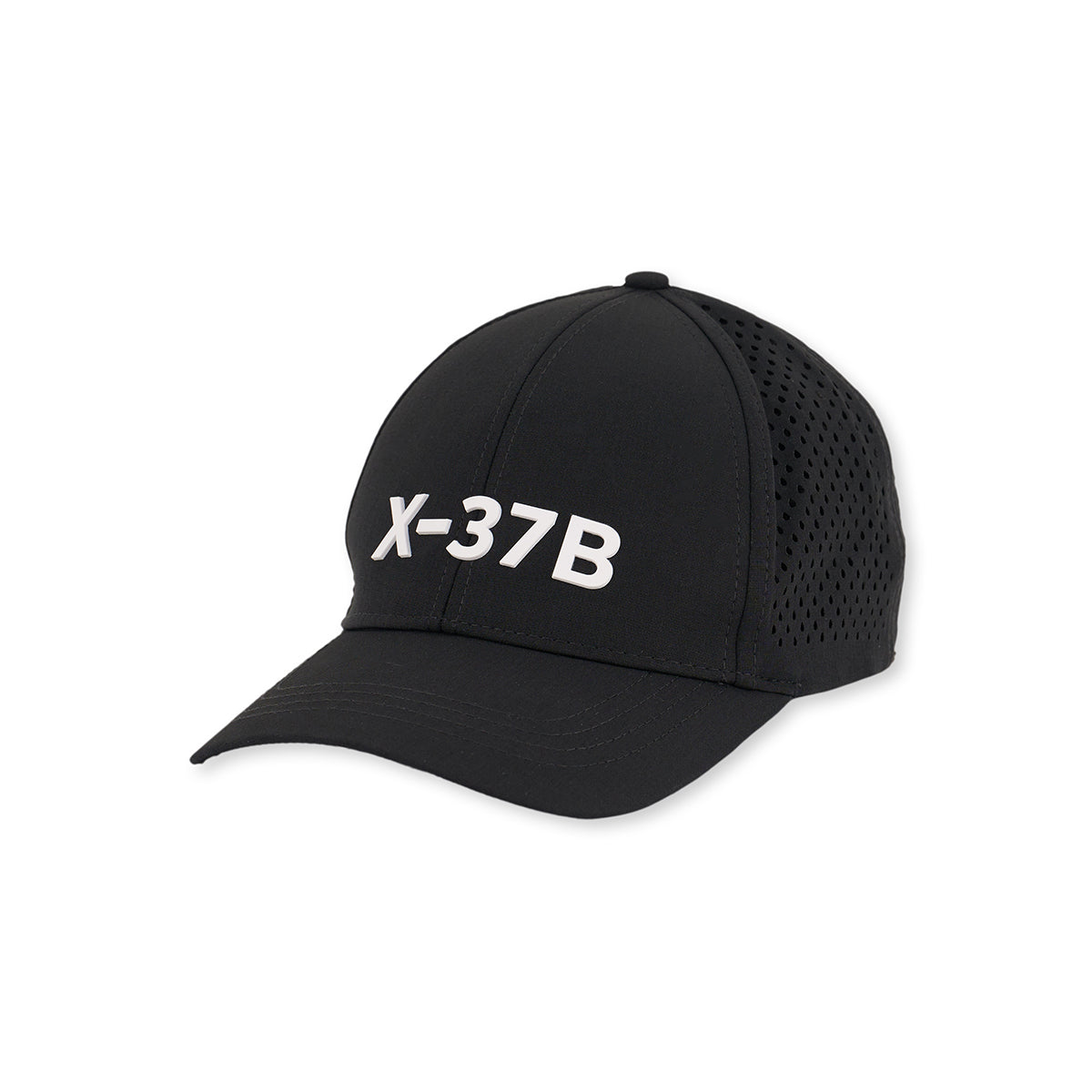 The BOEING X-37B Hat is a black baseball cap featuring “X-37B” in bold white letters on the front, with a curved brim and perforated mesh back panels.