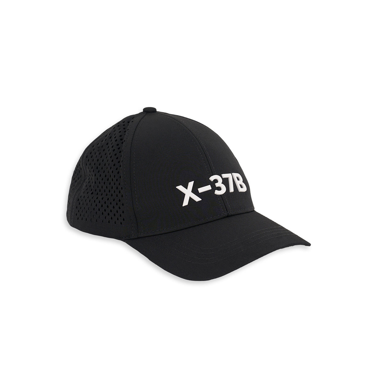 The BOEING X-37B Hat is a black baseball cap with "X-37B" in bold white letters on the front, featuring a curved bill and perforated side panels for ventilation.