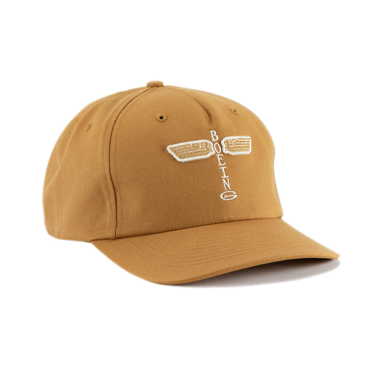The Richardson Boeing Airplane Logo Snapback Hat by BOEING features a tan color, embroidered airplane design with "BOEING" vertically along the fuselage, styled in a classic Richardson snapback.