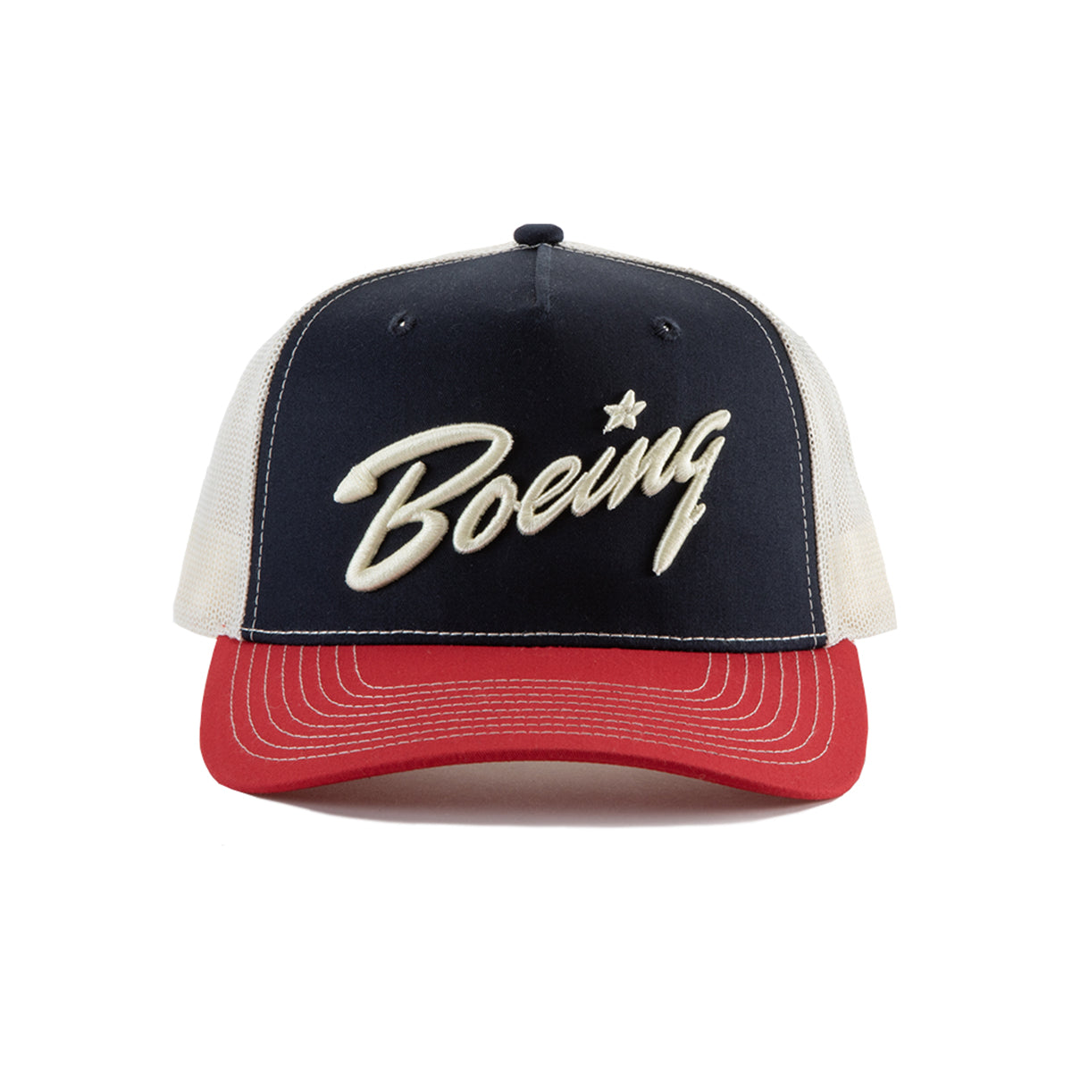 The Richardson Boeing Script Logo Trucker Hat by BOEING features a navy front, white mesh back, red brim, and an embroidered Boeing Script logo with a star above the “i.” Includes a Softsnap adjustable backstrap for custom fit.