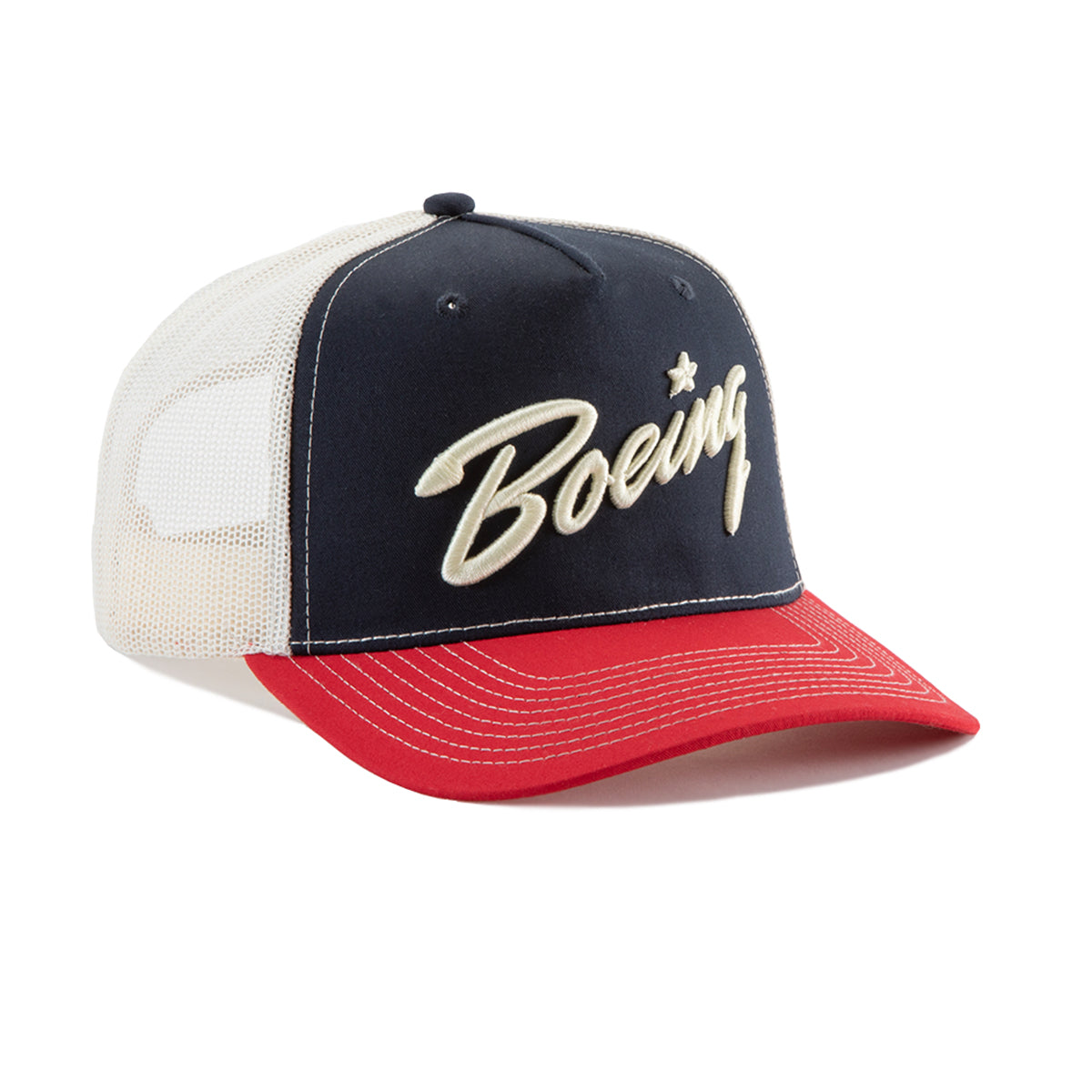 The Richardson Boeing Script Logo Trucker Hat by BOEING features a navy front, white mesh back, red brim, and "Boeing" embroidered on the front. This adjustable snapback delivers comfort with the Richardson Softsnap design.