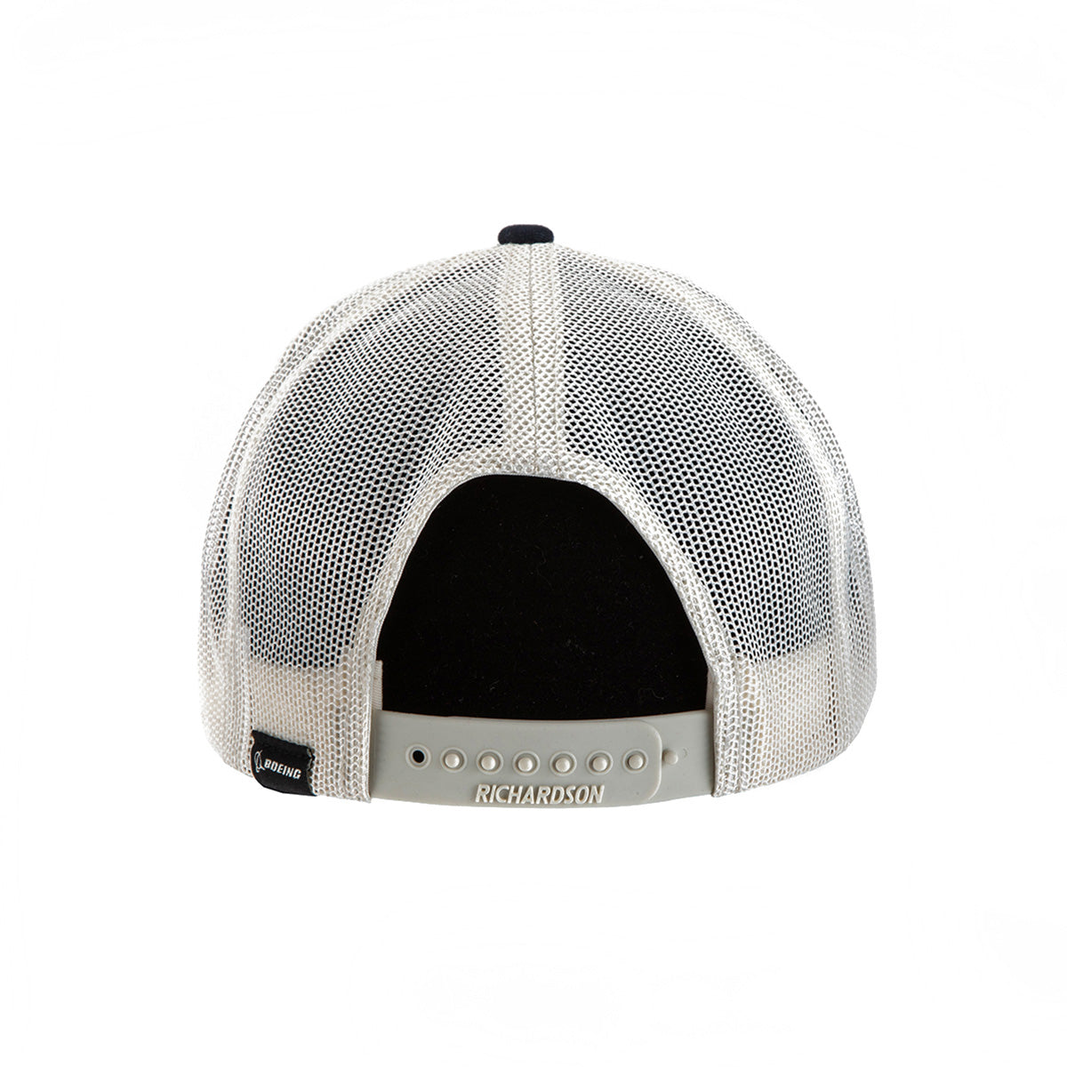 A back view of the light gray Richardson Boeing Script Logo Trucker Hat by BOEING, featuring mesh panels, an adjustable snapback closure, and “RICHARDSON” printed above the snaps.