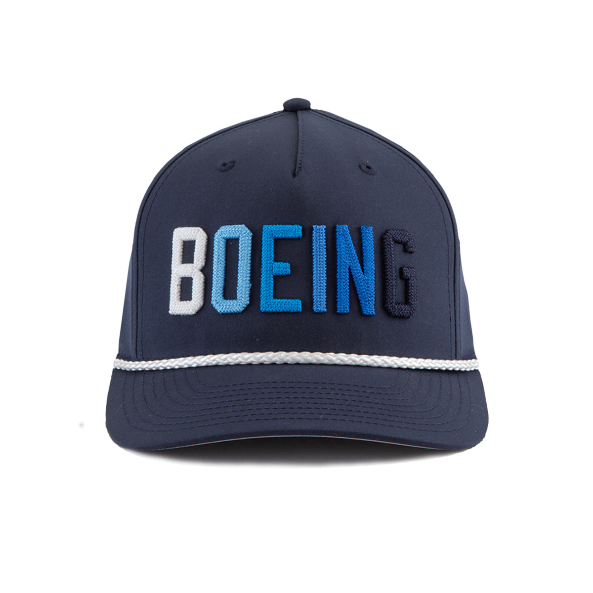 The Richardson Boeing Golf Hat by BOEING features "BOEING" embroidered in white, light blue, and dark blue on navy blue, plus a white braided rope above the brim.