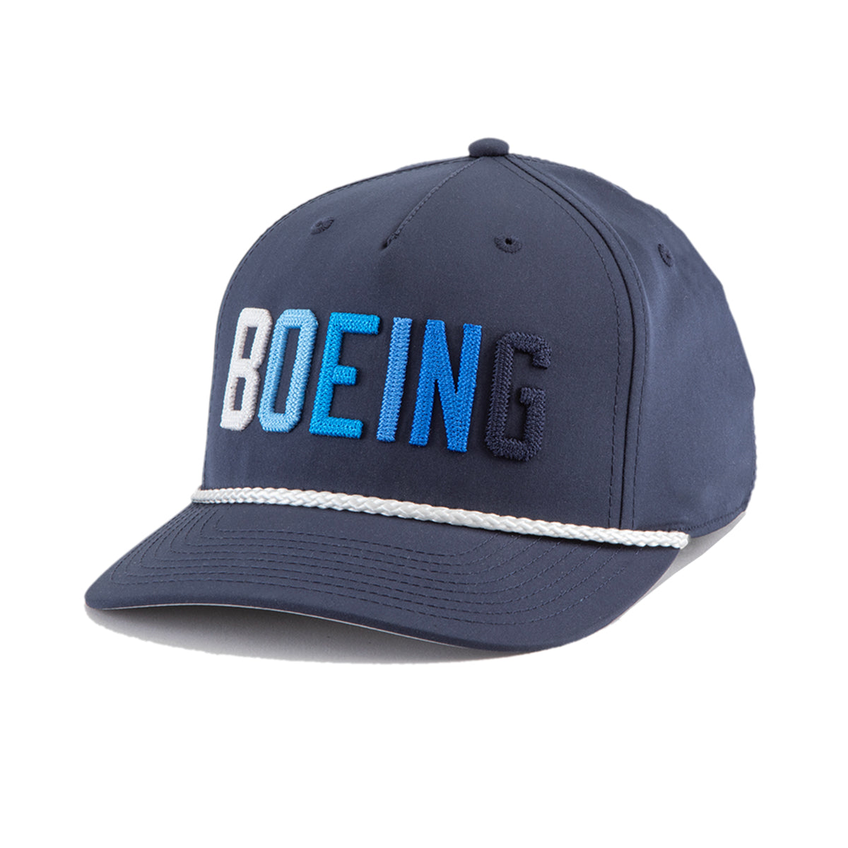 The Richardson Boeing Golf Hat by BOEING is a navy performance polyester cap with BOEING embroidered in white and blue on the front, featuring a classic Richardson rope design and decorative white rope above the brim.