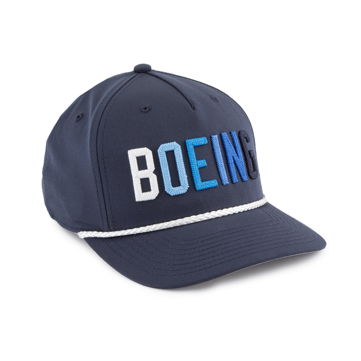 The Richardson Boeing Golf Hat by BOEING is a navy blue rope cap made of performance polyester, featuring the BOEING logo embroidered in white and blue on the front with stylish white rope across the brim—ideal for golf enthusiasts.