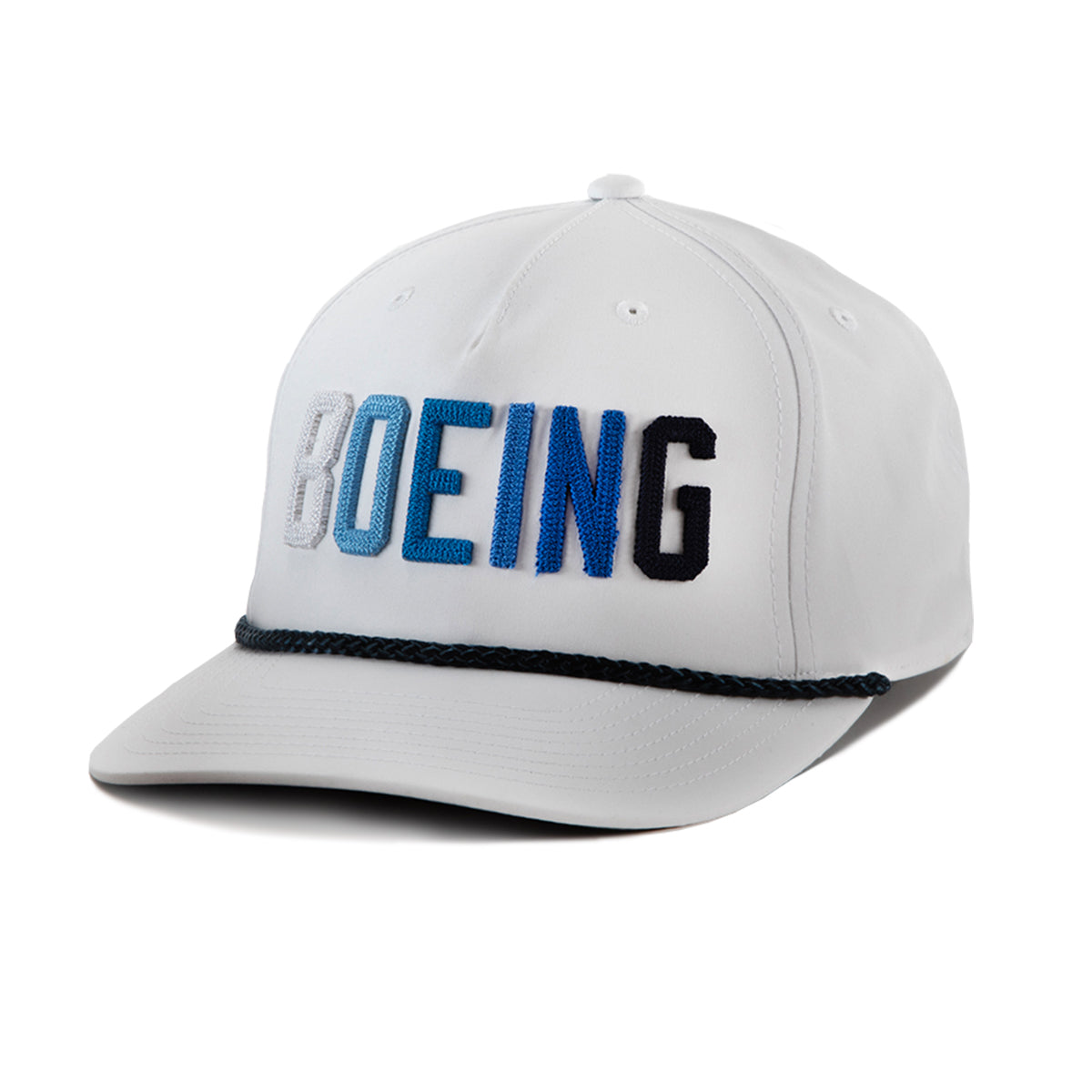 The Richardson Boeing Golf Hat by BOEING features bold, multicolored BOEING embroidery, a black braided cord above the brim, and is crafted from performance polyester for comfort.
