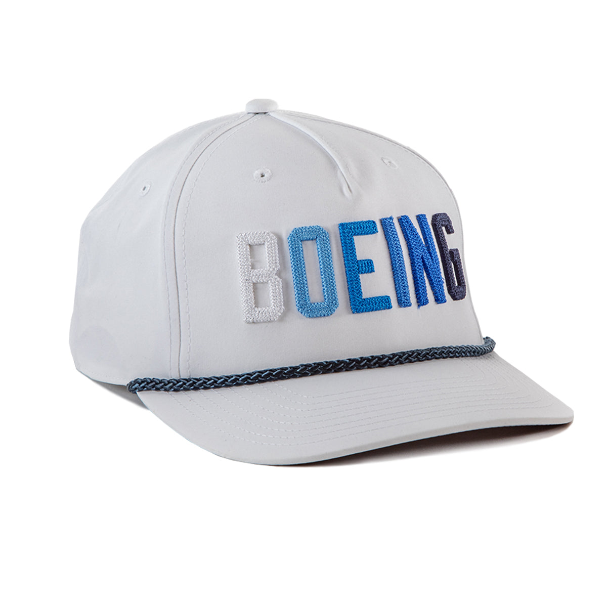 The Richardson Boeing Golf Hat by BOEING is a white rope cap made from performance polyester, featuring "BOEING" embroidered in blue gradient on the front and a blue braided cord above the brim.