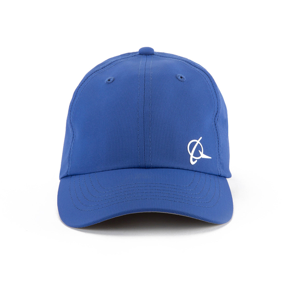 The BOEING Boeing 3D Symbol Logo Hat is blue, made from recycled performance polyester with UPF 50+ protection, and displays a small white logo on the front panel. It is shown against a white background.