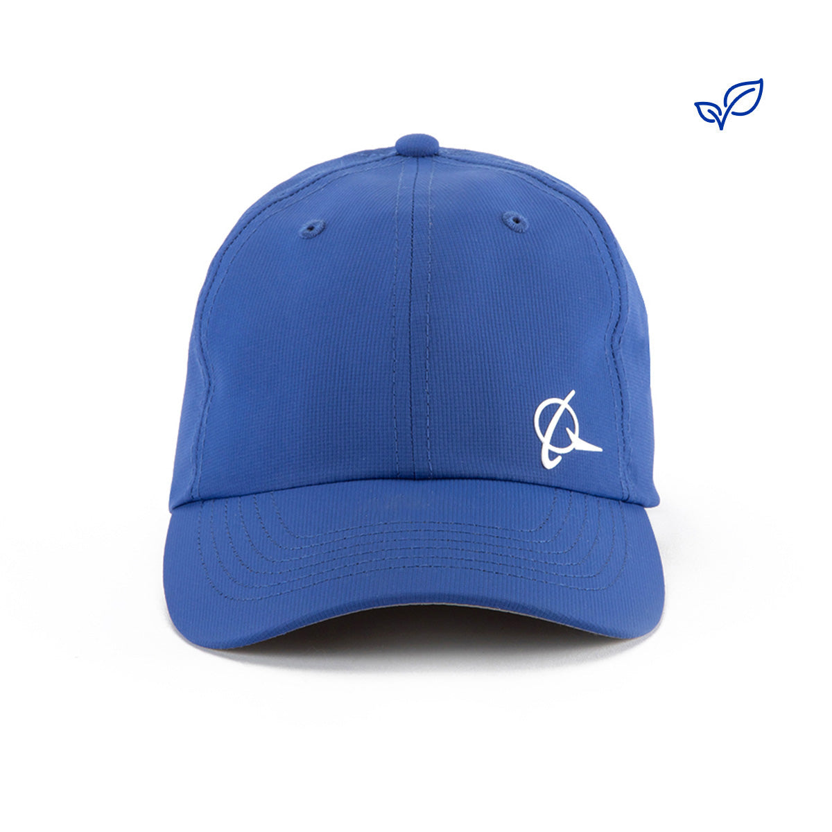The BOEING Boeing 3D Symbol Logo Hat is blue, made from recycled performance polyester with UPF 50+ protection, and displays a small white logo on the front panel. It is shown against a white background.