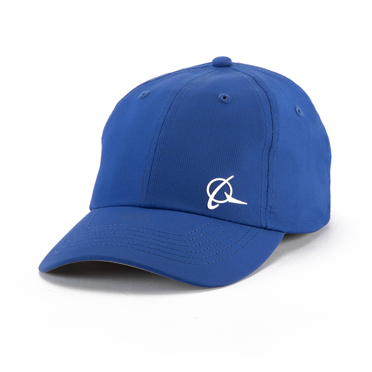 The BOEING Boeing 3D Symbol Logo Hat features a royal blue color, curved brim, white embroidered logo, recycled performance polyester material, and UPF 50+ protection, shown against a white background.
