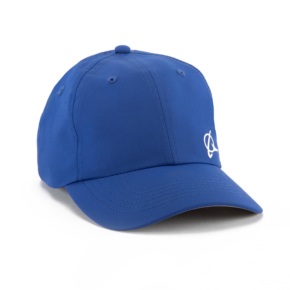 The Boeing 3D Symbol Logo Hat by BOEING, made from recycled performance polyester, features visible stitching and a small white logo on the front left side. Shown in blue against a plain white background.
