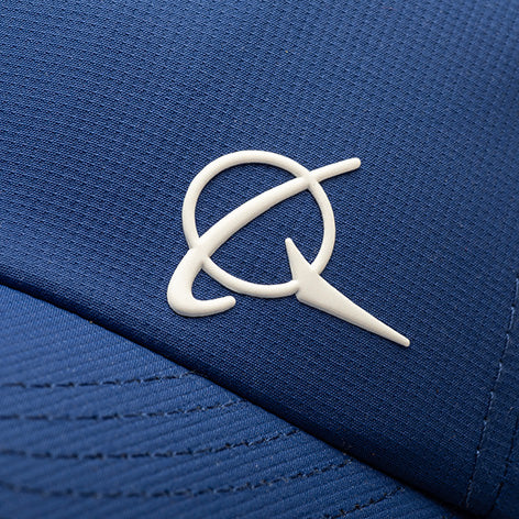 Close-up of the Boeing 3D Symbol Logo Hat by BOEING, made from blue recycled performance polyester and featuring a raised white Boeing 3D Symbol Logo.