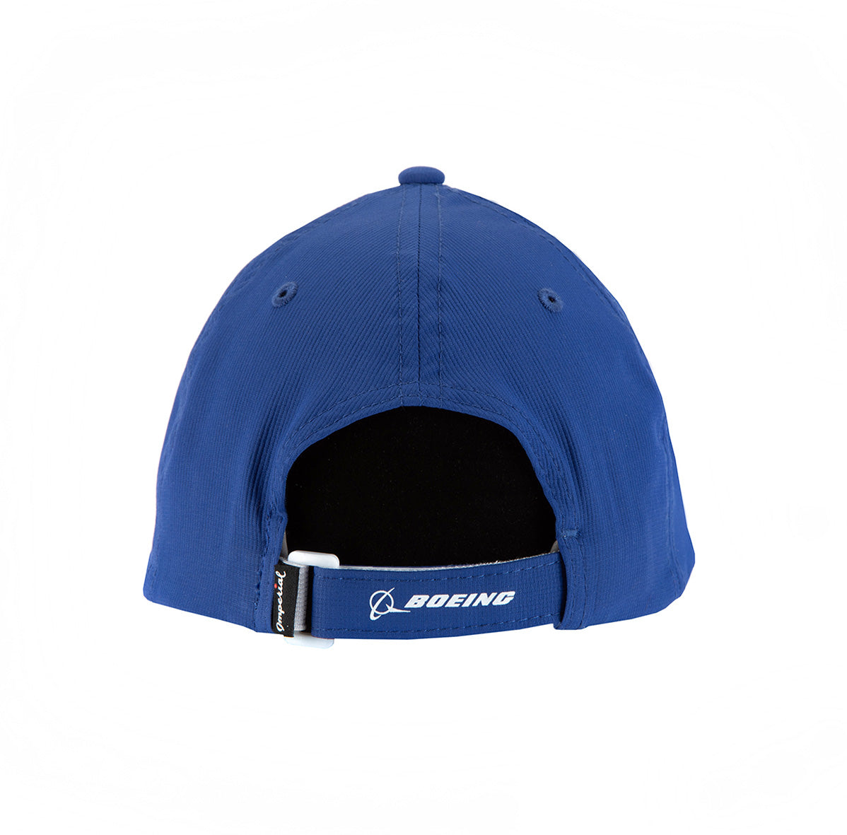 A blue BOEING 3D Symbol Logo Hat, made from recycled performance polyester, is shown from the back with an adjustable strap and white Boeing logo and text, set against a plain white background.