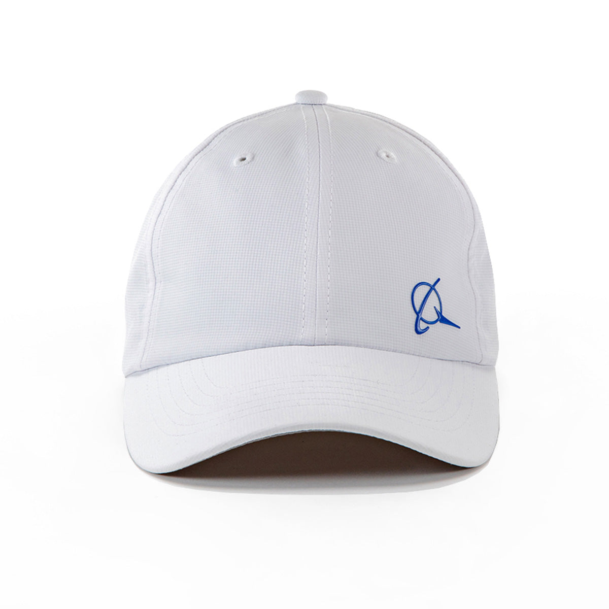 The BOEING 3D Symbol Logo Hat is a white cap featuring a small blue Boeing logo on the front left, made from recycled performance polyester and shown on a white background.