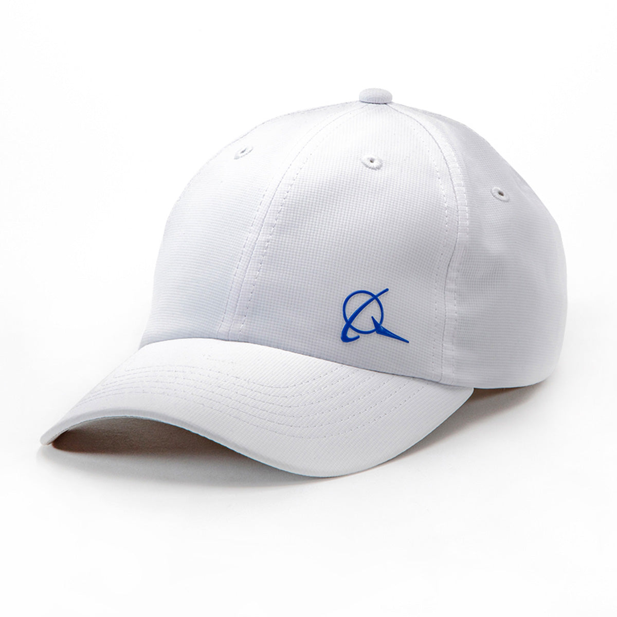 The BOEING 3D Symbol Logo Hat is a white recycled performance polyester cap with six panels, a curved brim, and a blue embroidered logo on the front left side, shown on a plain white background.