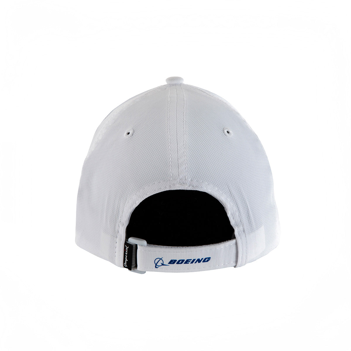 The Boeing 3D Symbol Logo Hat by BOEING is a white recycled performance polyester cap with an adjustable strap featuring the blue BOEING logo. Its moisture-wicking design stands out against a plain white background for a clean, modern look.
