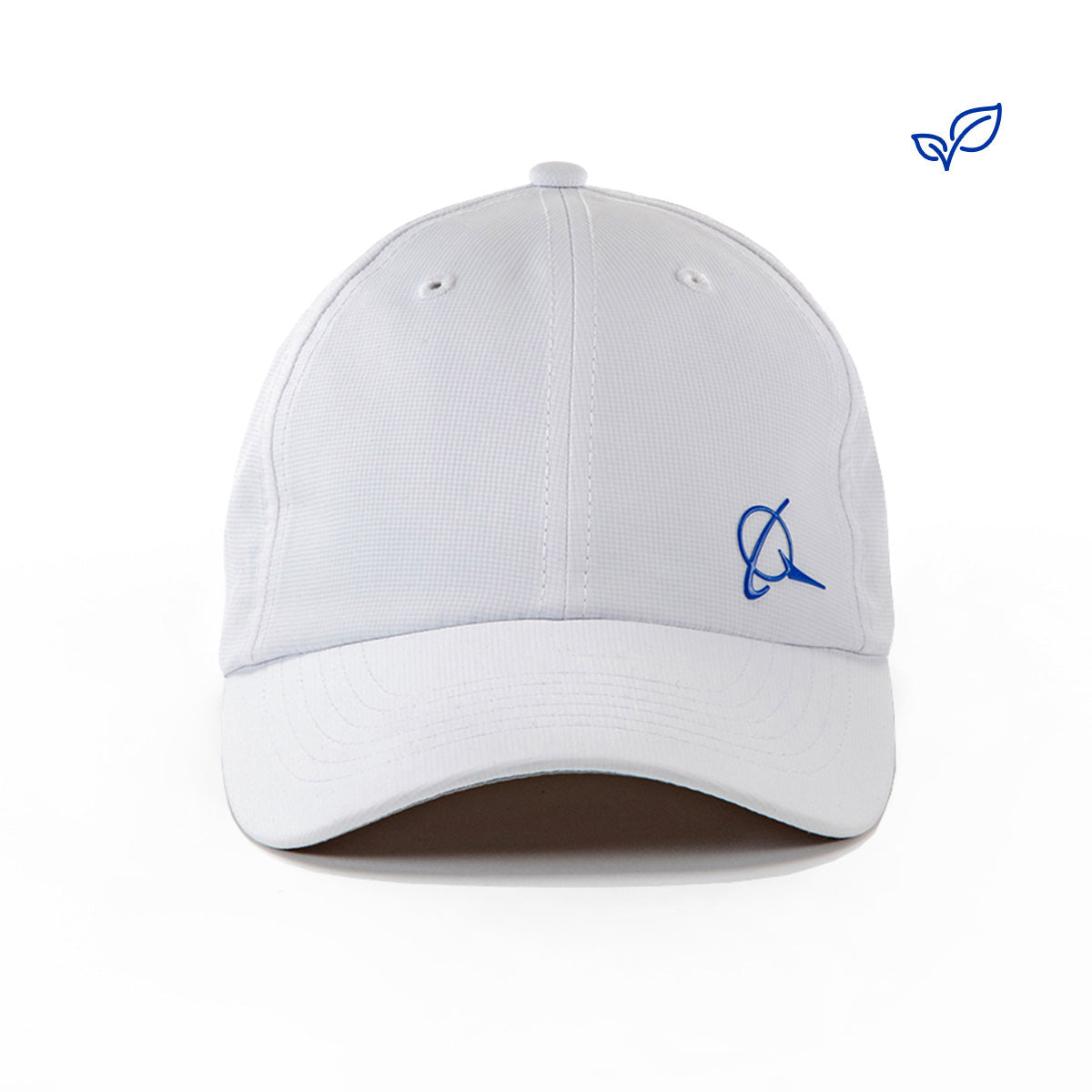The BOEING 3D Symbol Logo Hat is a white cap featuring a small blue Boeing logo on the front left, made from recycled performance polyester and shown on a white background.