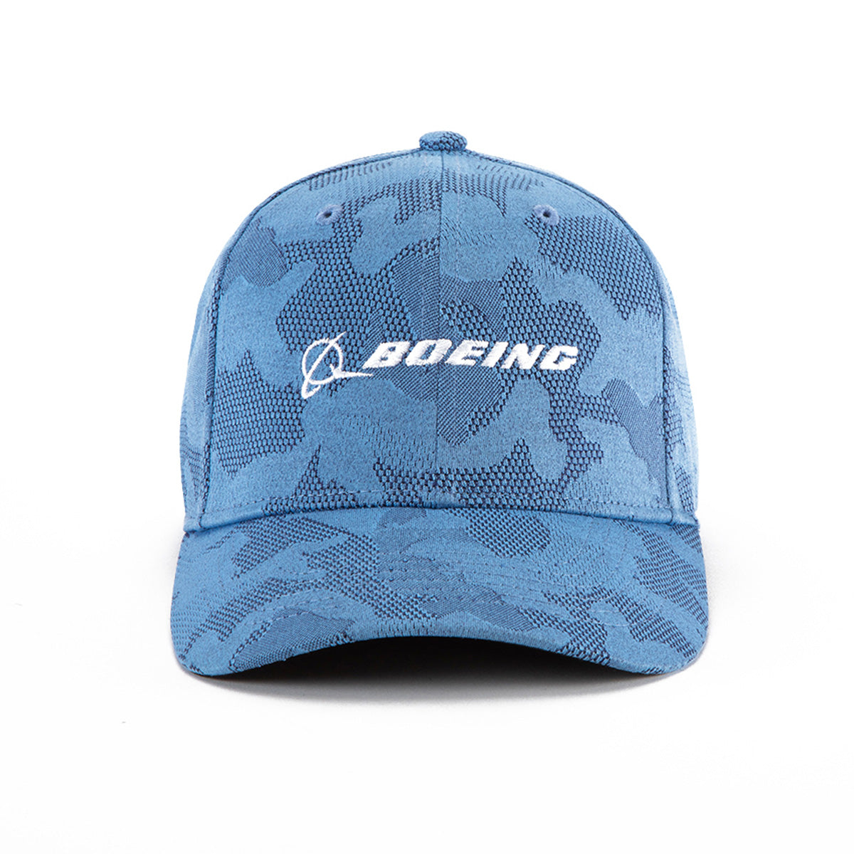 The Boeing Signature Logo Camo Hat by BOEING features a blue camo design, with the white Boeing logo and text on the front. This stylish snapback cap is photographed against a plain white background.
