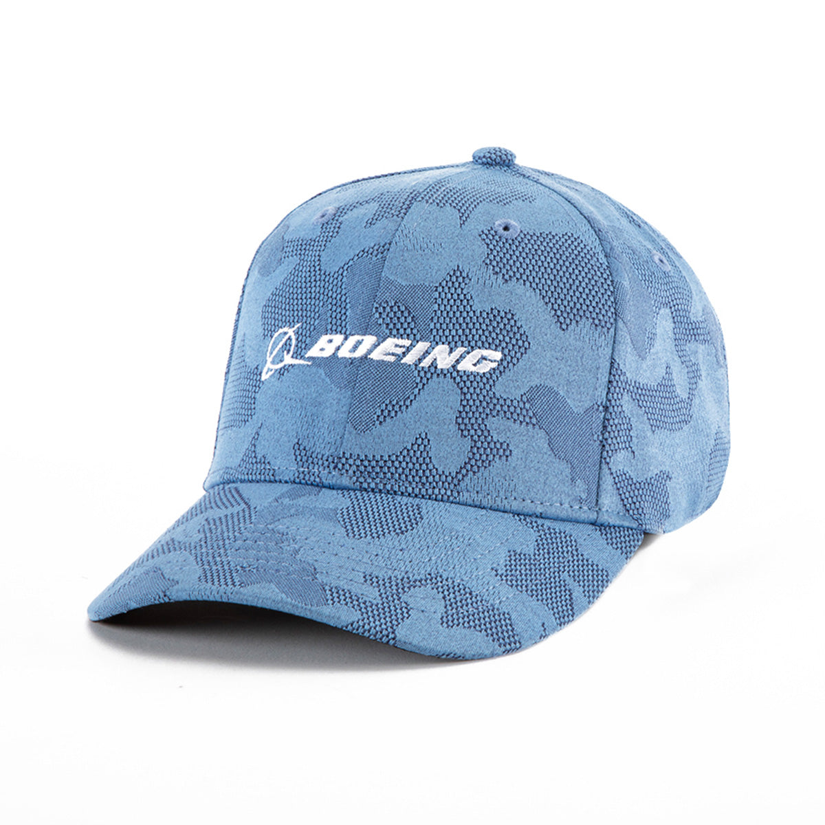 The Boeing Signature Logo Camo Hat by BOEING features blue camouflage and a white “Boeing” logo and symbol on the front, shown angled against a plain white background.