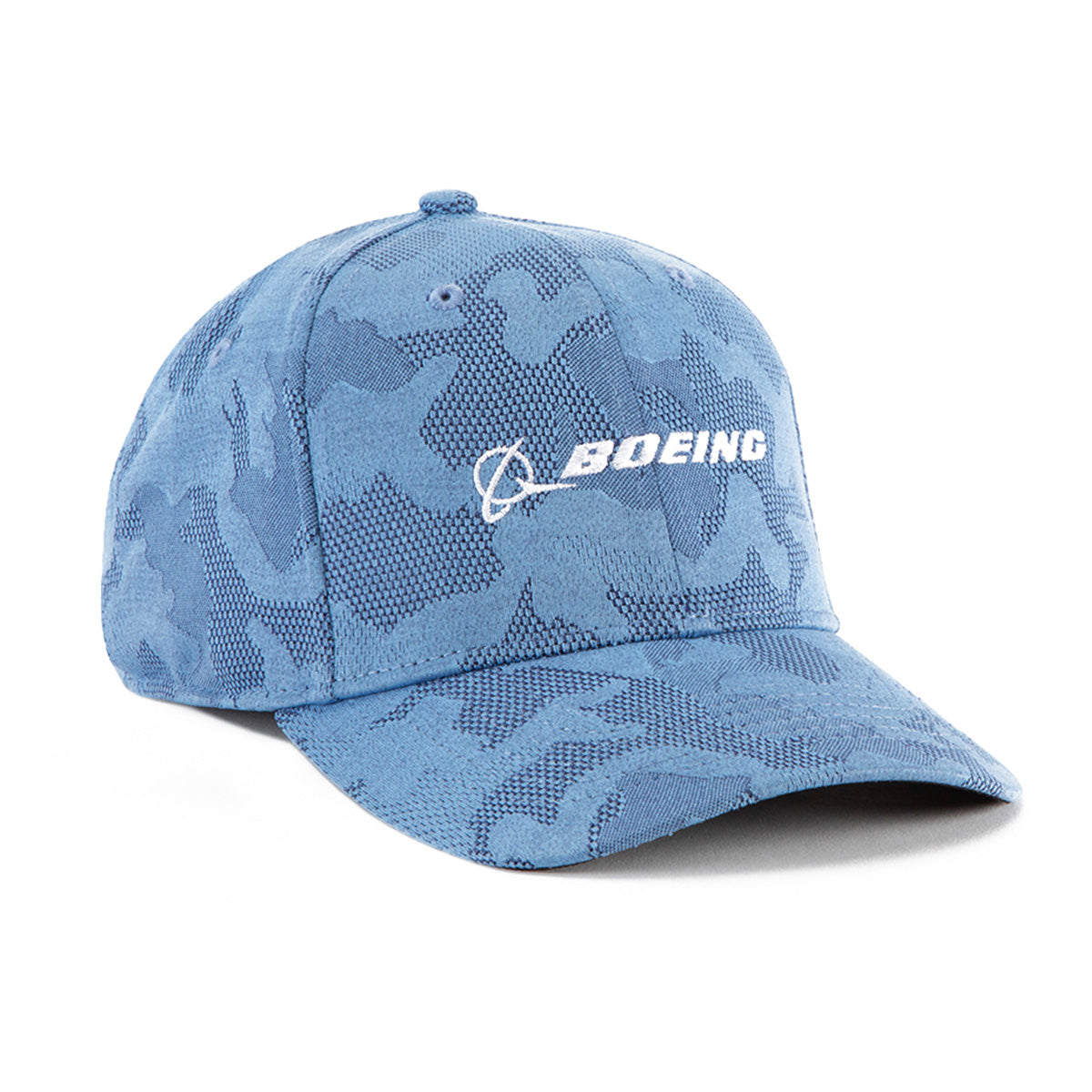 The Boeing Signature Logo Camo Hat by BOEING is a blue camo snapback cap with the white Boeing logo embroidered on the front, displayed at an angle on a white background.