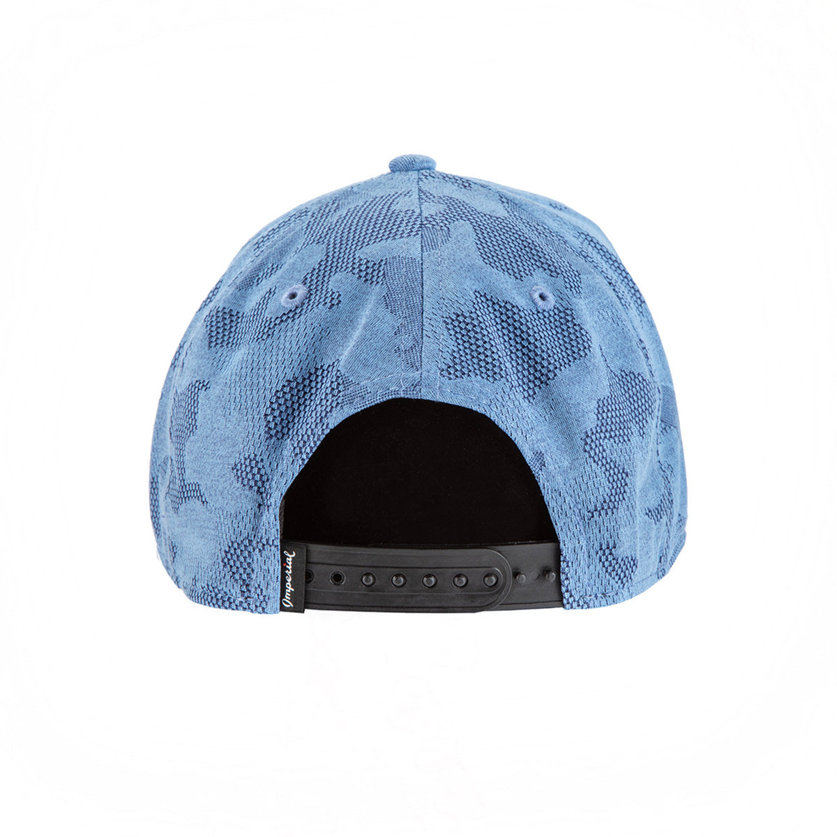 Back view of the Boeing Signature Logo Camo Hat by BOEING, featuring a blue camo design, black adjustable strap, and a small black tag on the left side, shown against a white background.