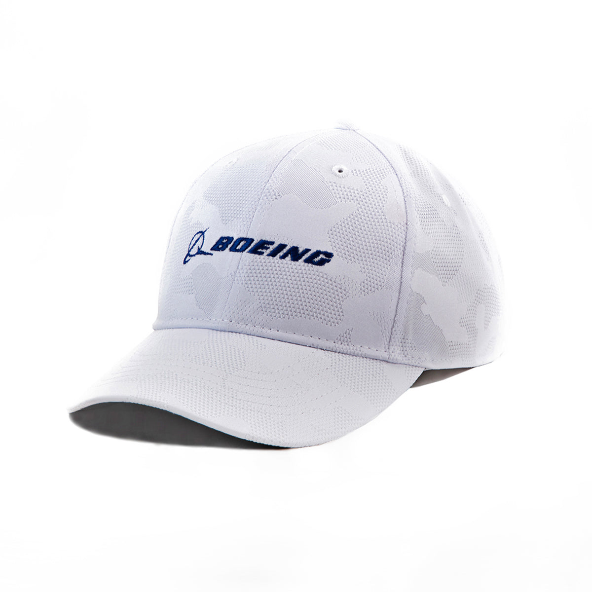 The Boeing Signature Logo Camo Hat by BOEING features the iconic name and logo in dark blue on the front, with a white camo design and a convenient snapback closure.