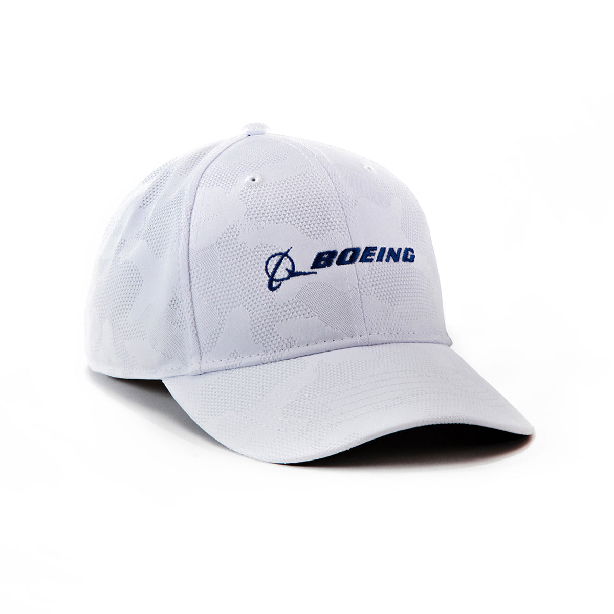 The Boeing Signature Logo Camo Hat by BOEING features a white camouflage pattern, blue embroidered logo on the front, and an adjustable snapback closure for a perfect fit.