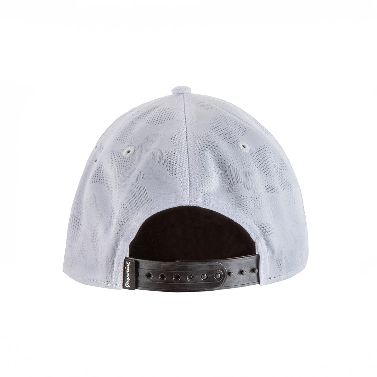 The Boeing Signature Logo Camo Hat by BOEING is a light gray aviation cap with subtle pattern details and an adjustable black camo snapback closure, shown from the back.