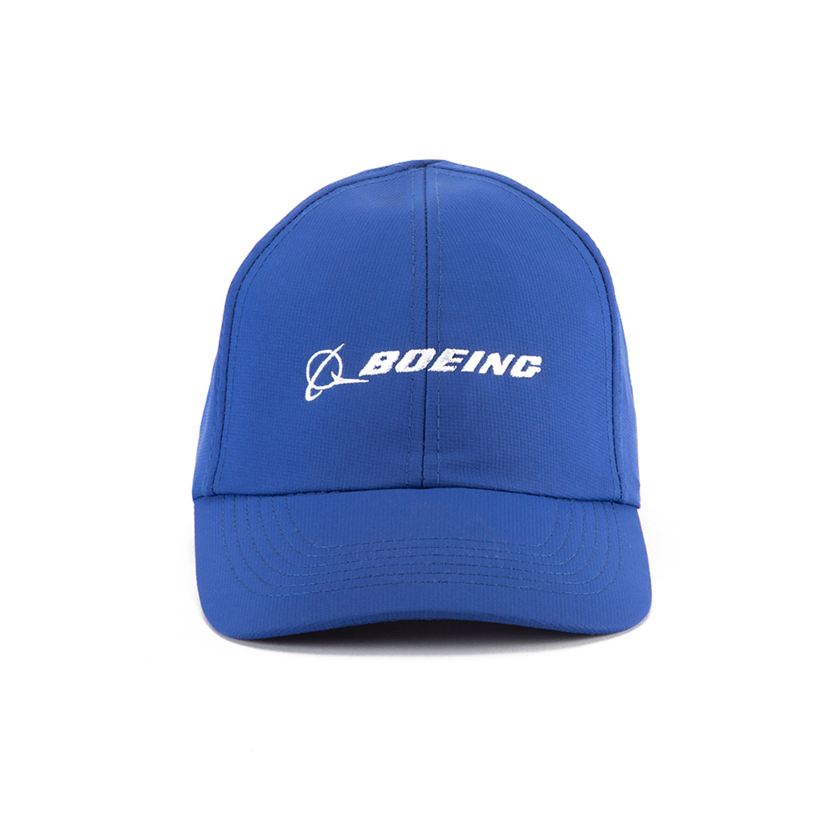 The Boeing Signature Logo Performance Hat by BOEING features a blue design with white text on the front, celebrating aviation heritage, and is shown against a plain white background.
